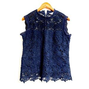 Nanette Lepore Lace Sleeveless‎ Top Sz M Navy Blue Back Zip Closure Fitted Lined